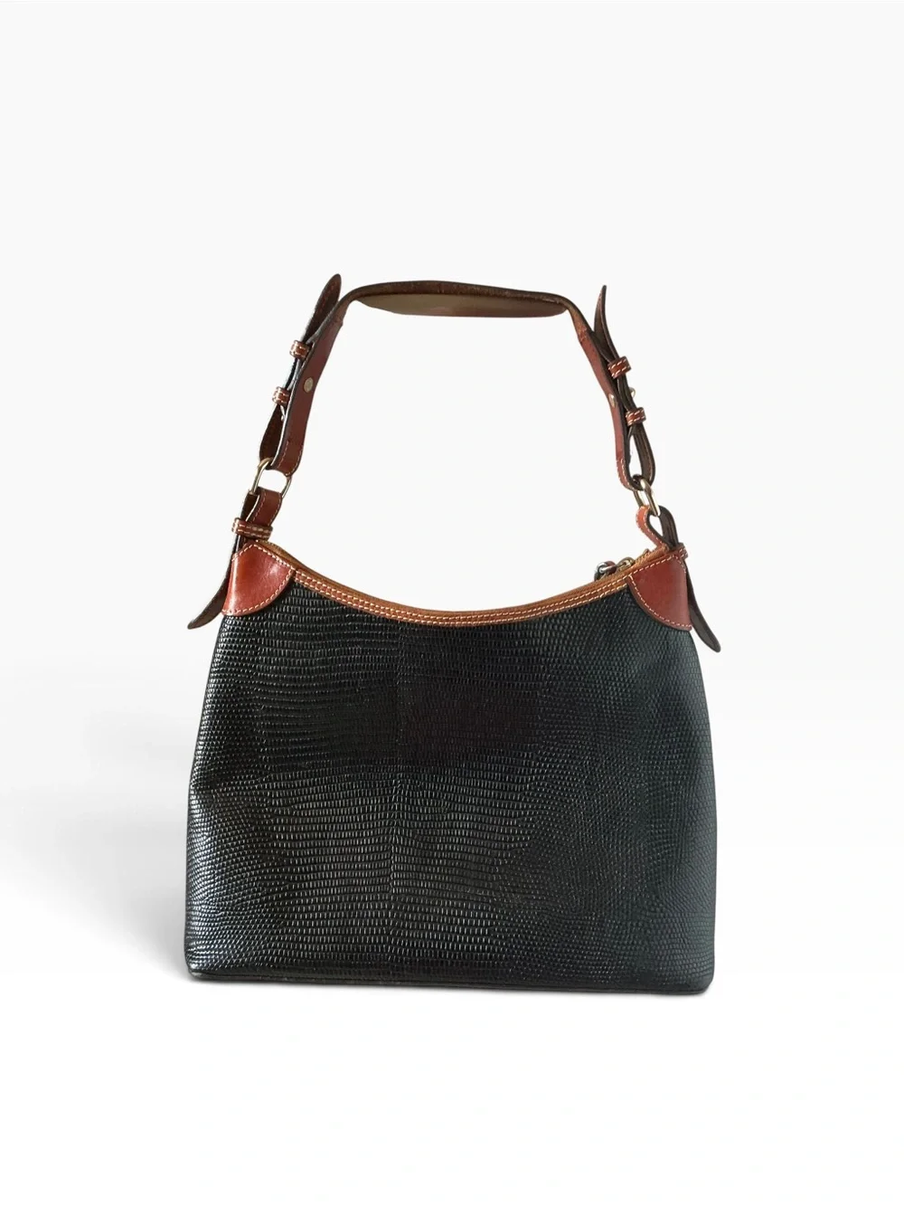 Dooney & Bourke black lizard embossed with rich brown leather hobo bag purse